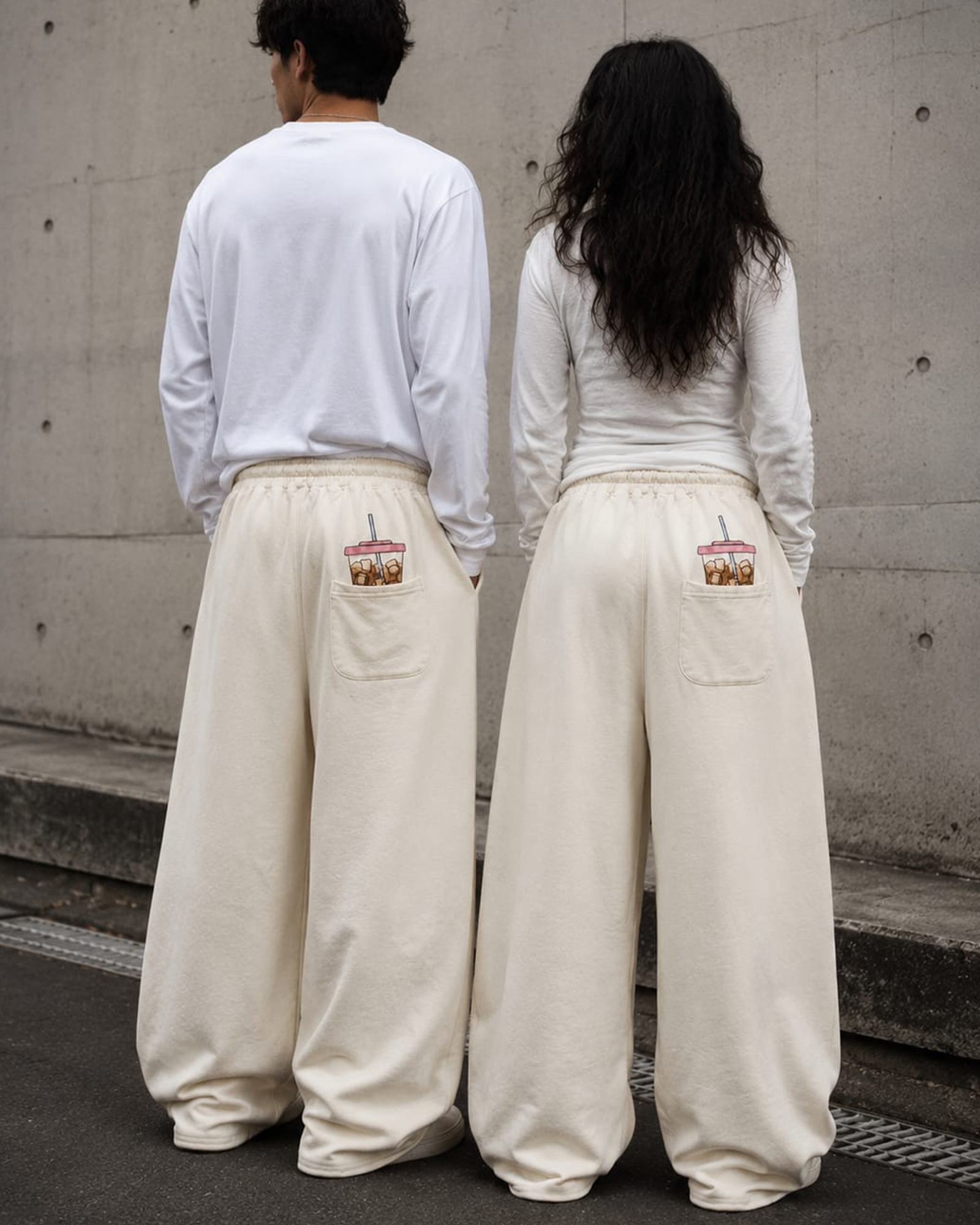 sweatpants with coffee in pocket