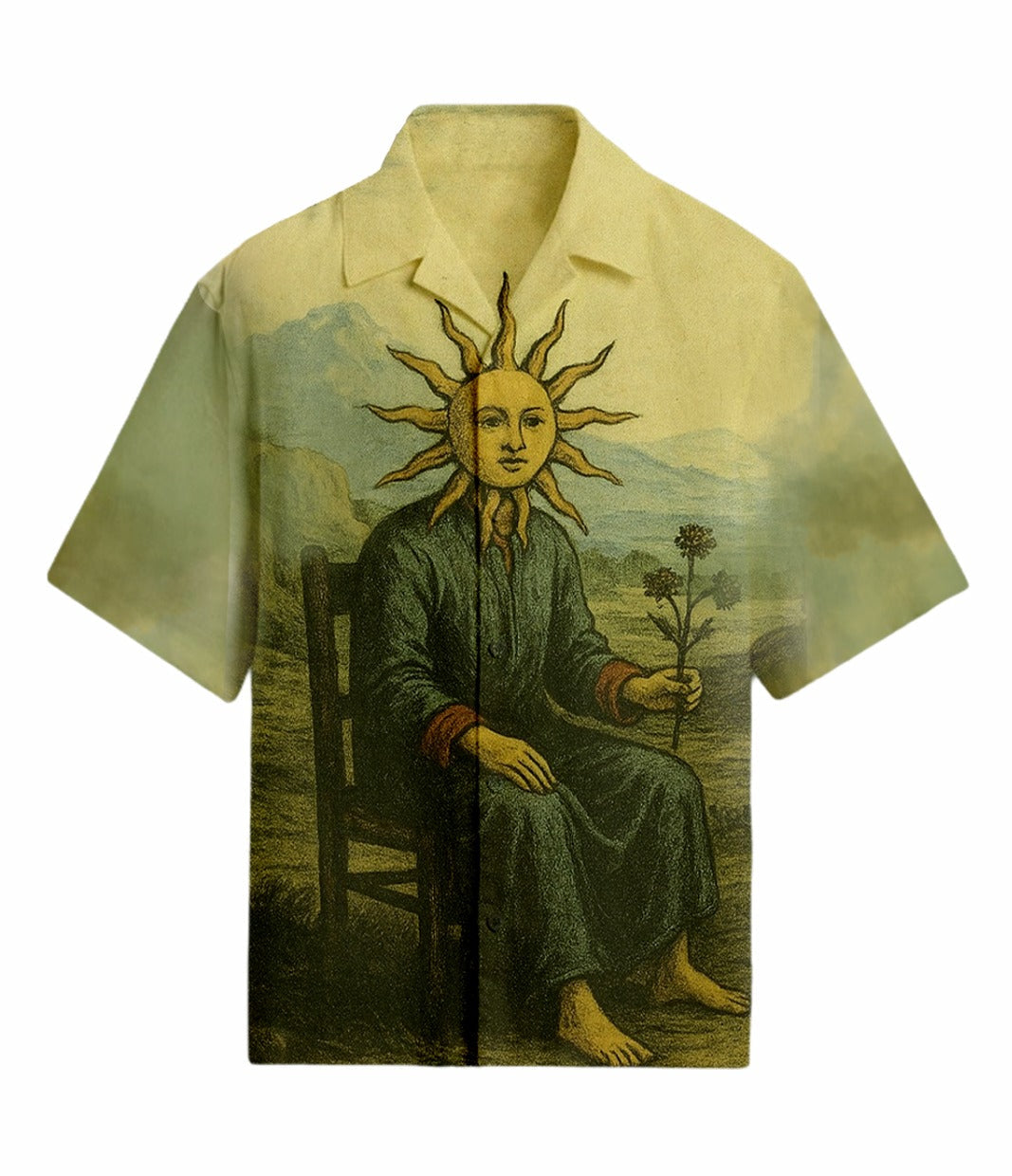 Shirt with a printed design of a person with sun-like features holding a flower, set against a scenic background.